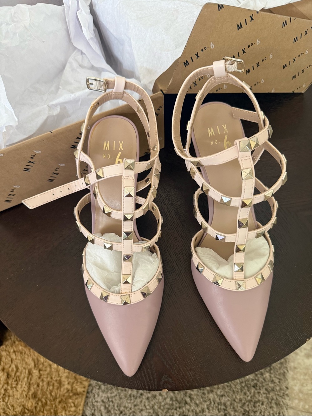 Mix No. 6 Blush Pink Studded Pointed-Toe Strappy Heels
